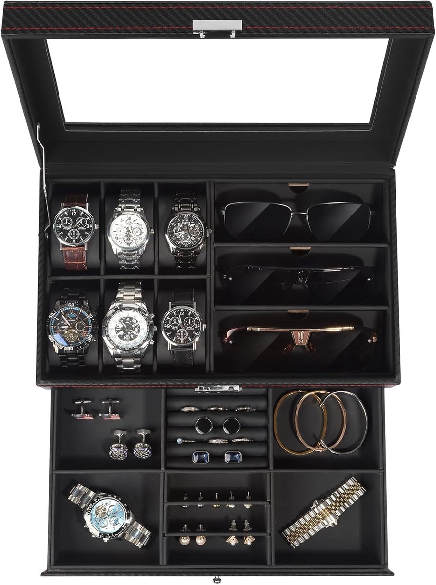Horloge- en sieradendoos organizer, 6-vaks 2-laags horlogekoffer met zonnebrillenopslag en groot glazen deksel - ShopVlot