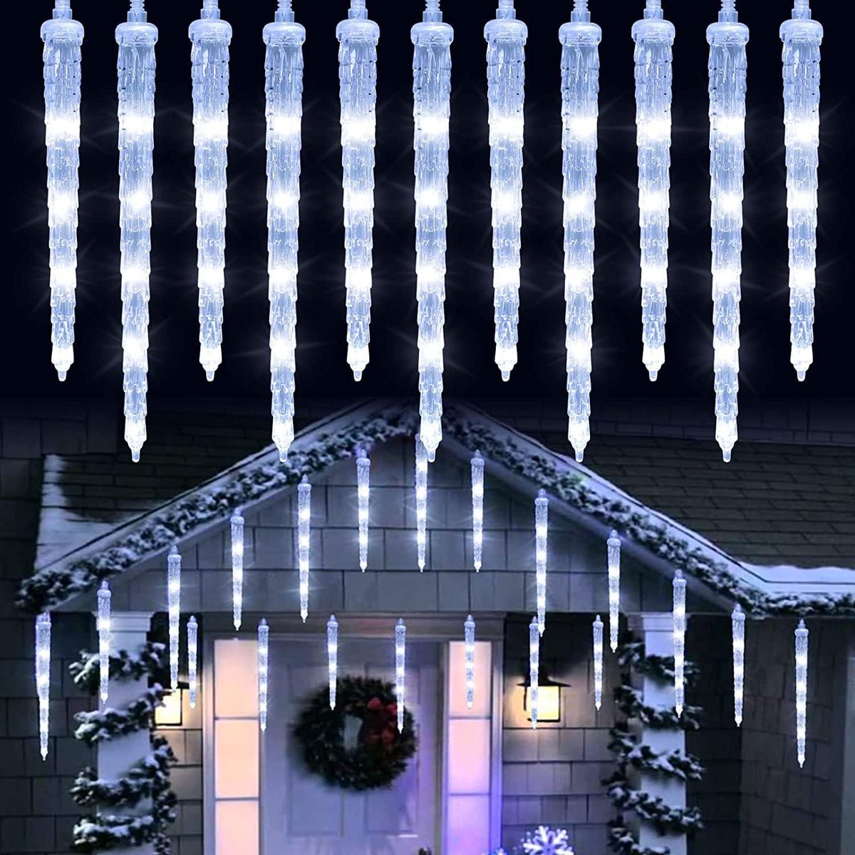 Joomer icicle Christmas Lights Outdoor, 20 tubes 90 LED 8 modes white icicle lights with timer function, Waterproof - ShopVlot