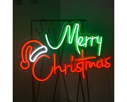 Looklight Merry Christmas Neon Sign Christmas Hat LED Neon Light Green Red Letters Neon Light Wall Art for Christmas - ShopVlot