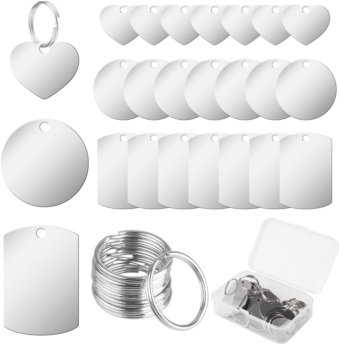 24 Stuks Roestvrijstalen Hangers Blanco - Ronde - Rechthoekige - Hartvormige - Blanks Hondenpenning Sleutelhanger - Medaille voor Honden Om Te Graveren - Dog Tags voor Zelfgemaakte Hangers - Armbanden - Sieraden