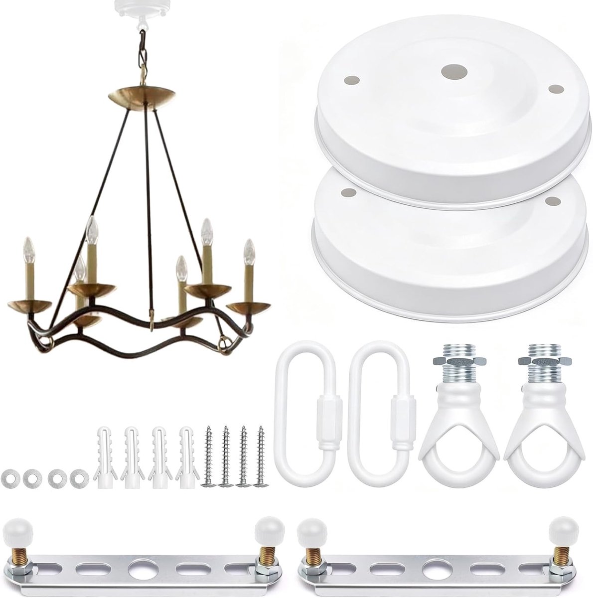 2 stuks plafondrozet wit Ø 110 mm – ronde lampbaldakijn met karabijnhaak van metaal, voor plafond- en wandmontage - ShopVlot