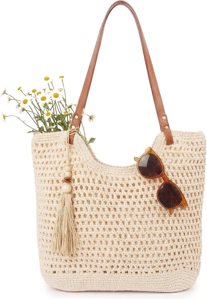 Strandtas met grote capaciteit, gehaakte strandtas, schoudertas van esthetisch netstof, handgeweven reizen - ShopVlot