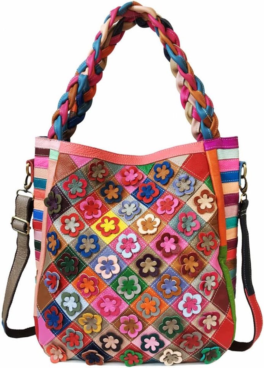 Women Flower Multicolor Handbag Leather Shoulder Bag Designer 3D Colorful Patchwork Work Shopper Satchel - ShopVlot