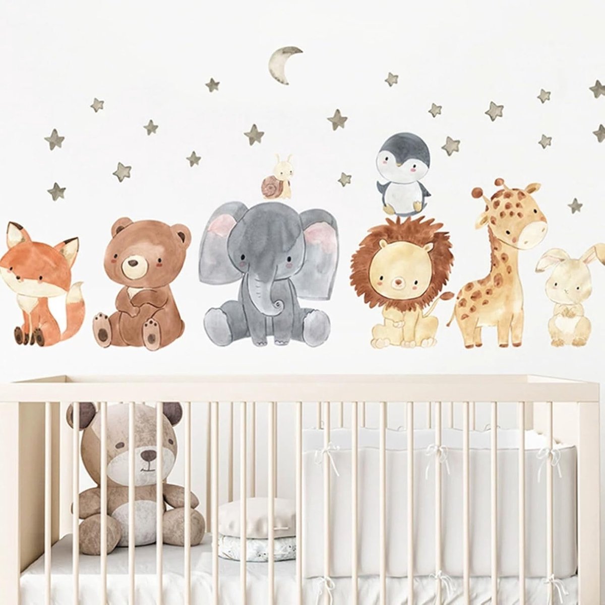 Muursticker voor de kinderkamer, aquarel dieren muursticker, verwijderbare PVC muursticker met sterren en maan, SGS - ShopVlot