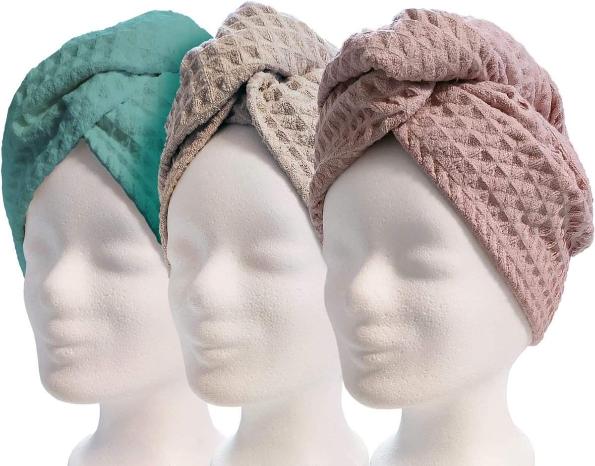 Hair Turban Hair Drying Cloth Set of 3 - Quick-Drying Microfibre Drying Cloth with Knot (Set of 3 Turquoise, Cream and - ShopVlot