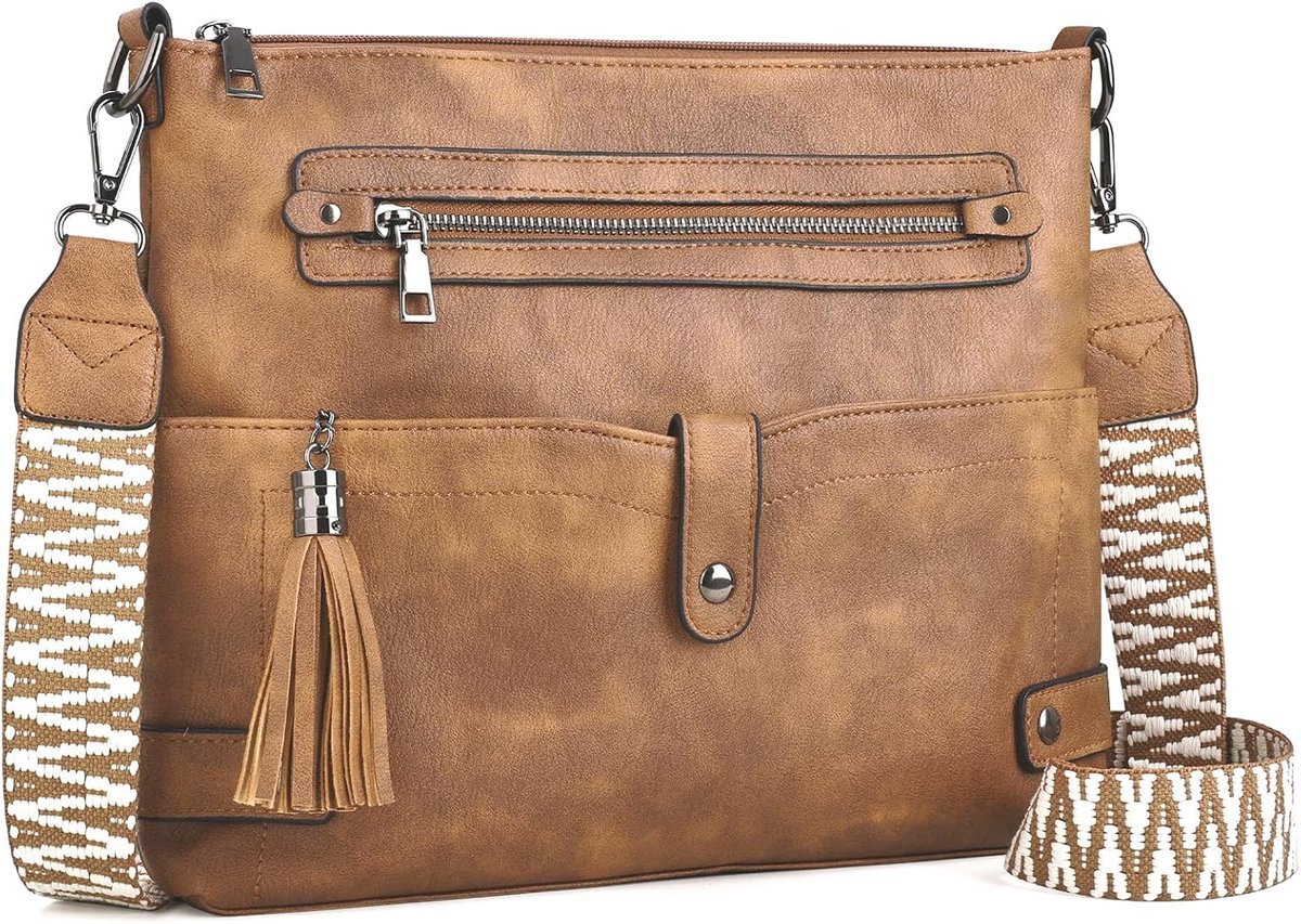 Women's Crossbody Bag, Vegan Leather Handbag with Boho Wide Strap and Tassel, Vintage Shoulder Bag with Multiple - ShopVlot