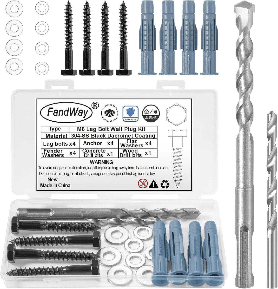 Universal VESA screw set and dowels, M8 x 70 mm hex screws, black, TV mounting screws, stainless steel 304, with - ShopVlot