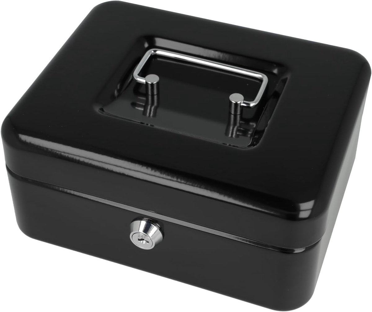 Zwarte metalen geldkist met sleutelslot, 20 × 16 × 9 cm draagbare geldopslag organizer, verwijderbare muntlade en 5 - ShopVlot