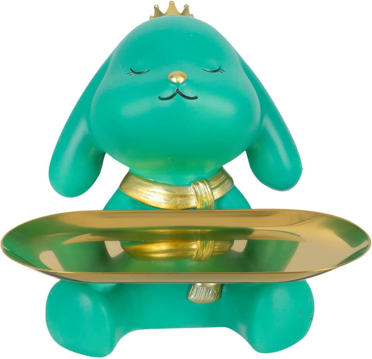 Resin Rabbit Tray Sculpture Storage Tray Statue Rabbit Figurine Home Ornament with Metal Tray (Green) - ShopVlot