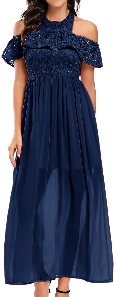 Women's Halterneck Lace Floral Sexy Ruffle Backless Pleated 2 Layer Mesh Maxi Evening Dress Ball Gown - ShopVlot