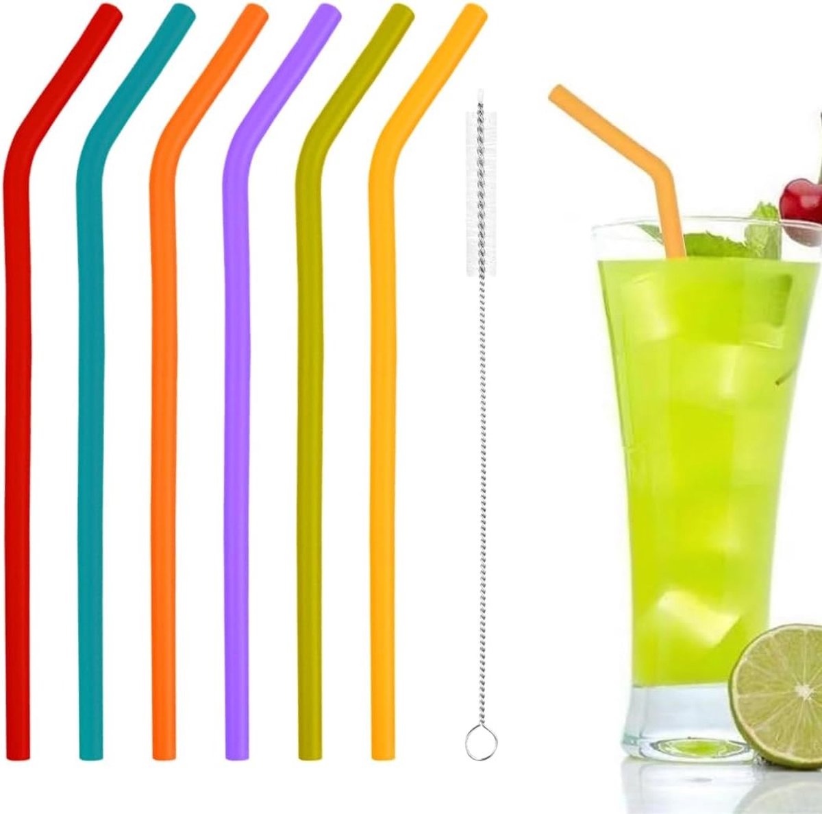 Set van 6 Flexibele Silicone Rietjes, Herbruikbare Rietjes met Schoonmaakborstel, Veilig voor Kinderen, Ideaal voor Cocktails en Smoothies
