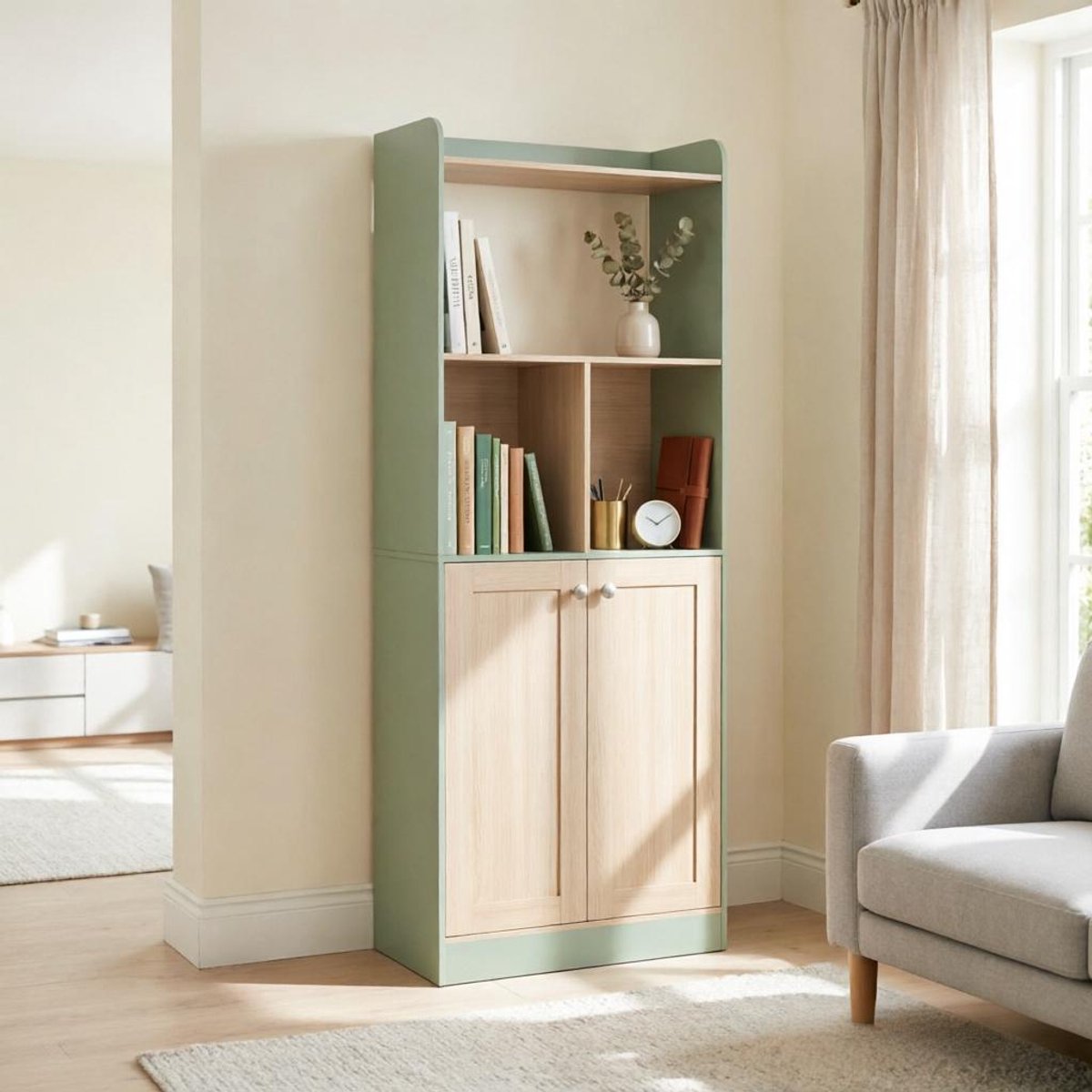 DESMIU Boekenkast - Open En Dichte Opbergkast Met Displayvak - Voor Woonkamer En Werkkamer - Spaanplaat En MDF - Groen En Hout - 60x30x161,2 Cm