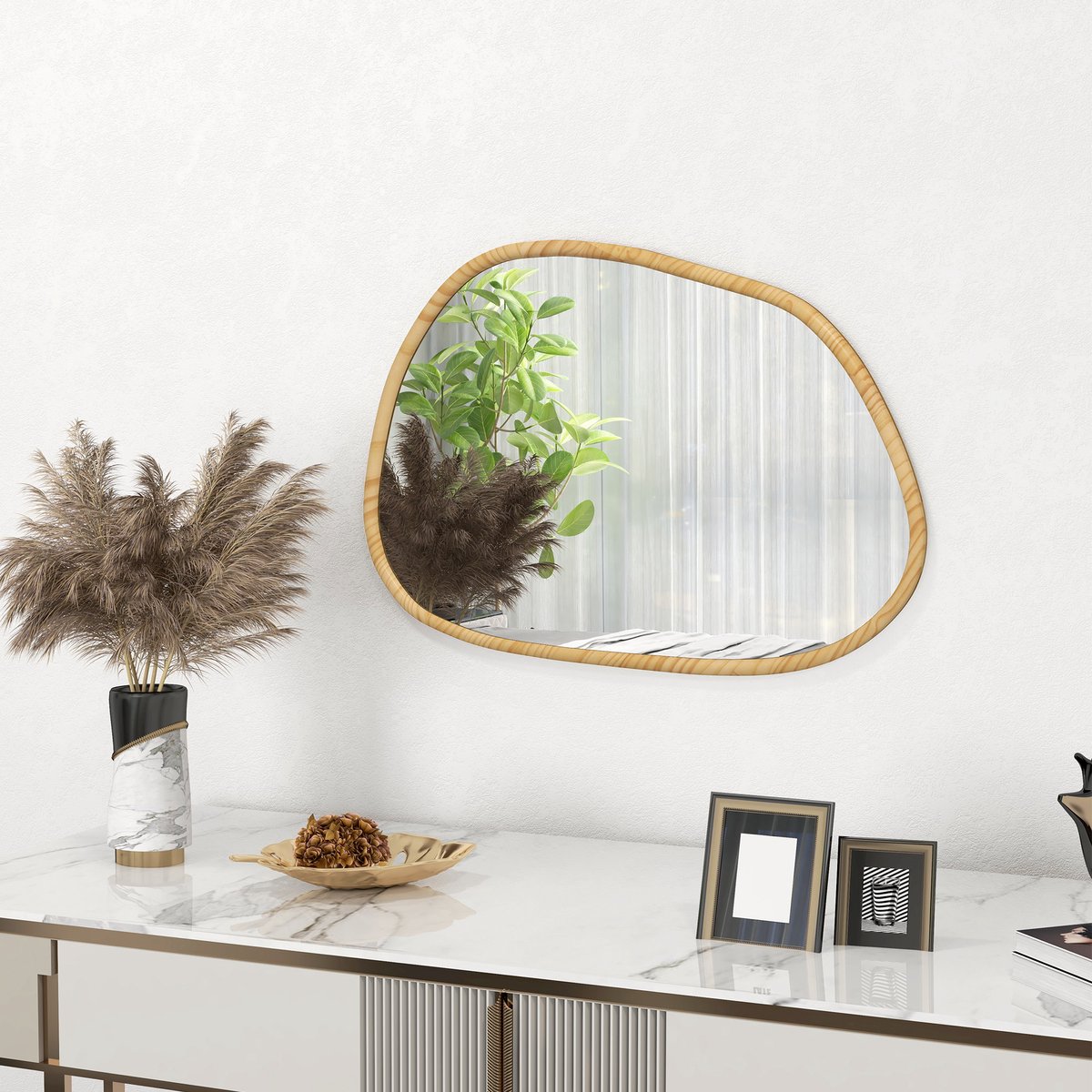 STILVORA Wandspiegel – Asymmetrische Vorm – 80 x 60 cm – Hout En Glas – Natuurlijk Hout – Voor Badkamer Woonkamer Hal Of Slaapkamer