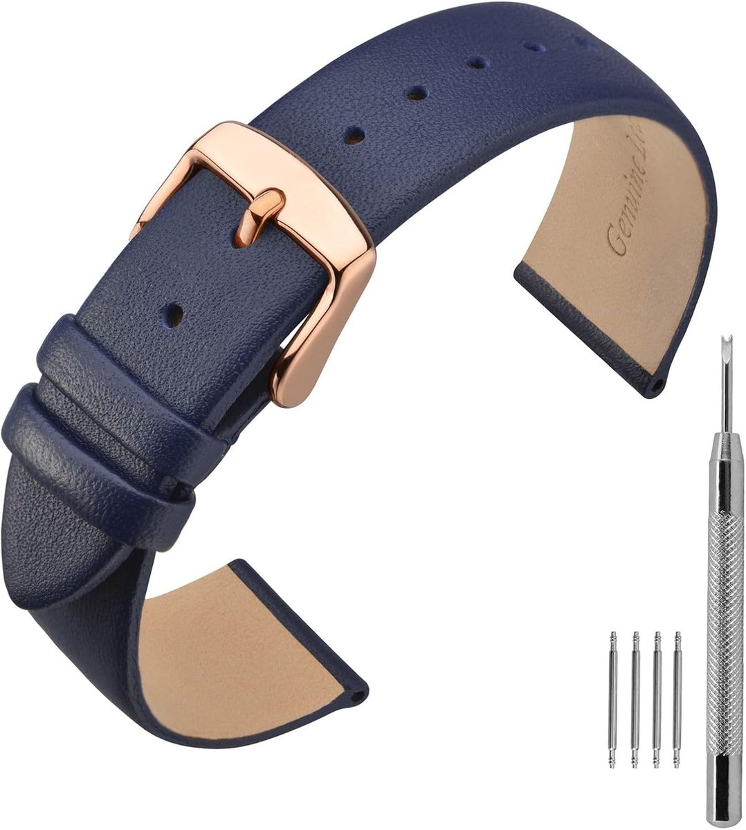 Horlogeband 20mm - Leer - Donkerblauw met roségouden gesp - Perfect voor slimme en traditionele horloges - ShopVlot