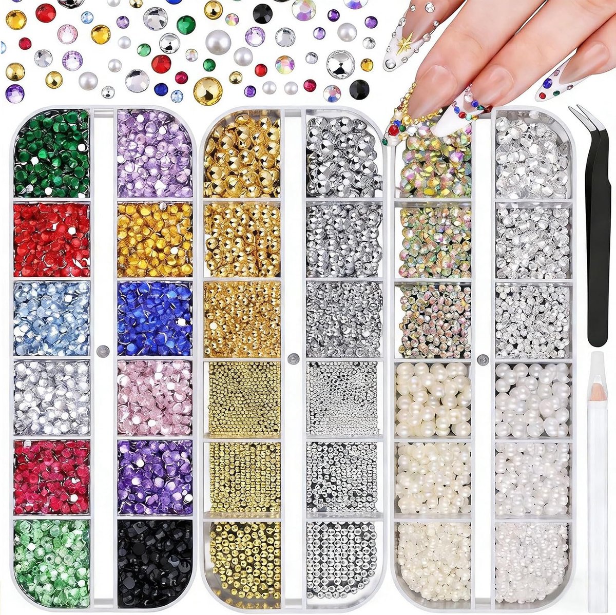Nail rhinestones set 10000pcs - gekleurde stenen en parels - voor DIY nagelkunst - compleet met applicatietools - ShopVlot