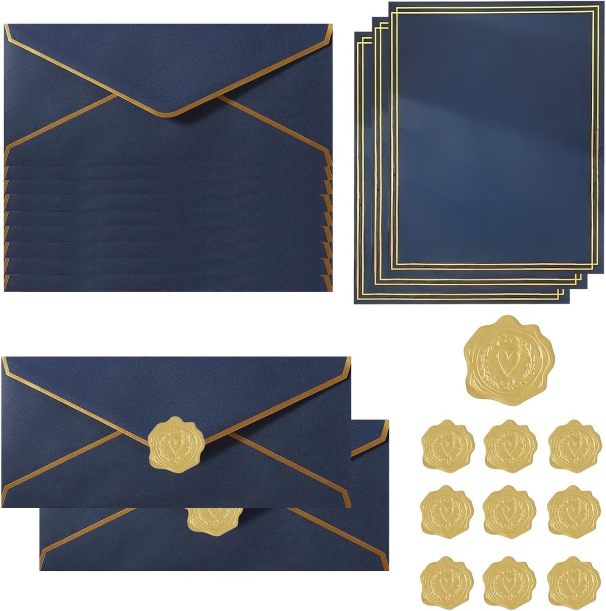 Uitnodigingsenveloppen 10 stuks - Donkerblauw - V-Flap met gouden stickers - Perfect voor persoonlijke brieven - ShopVlot