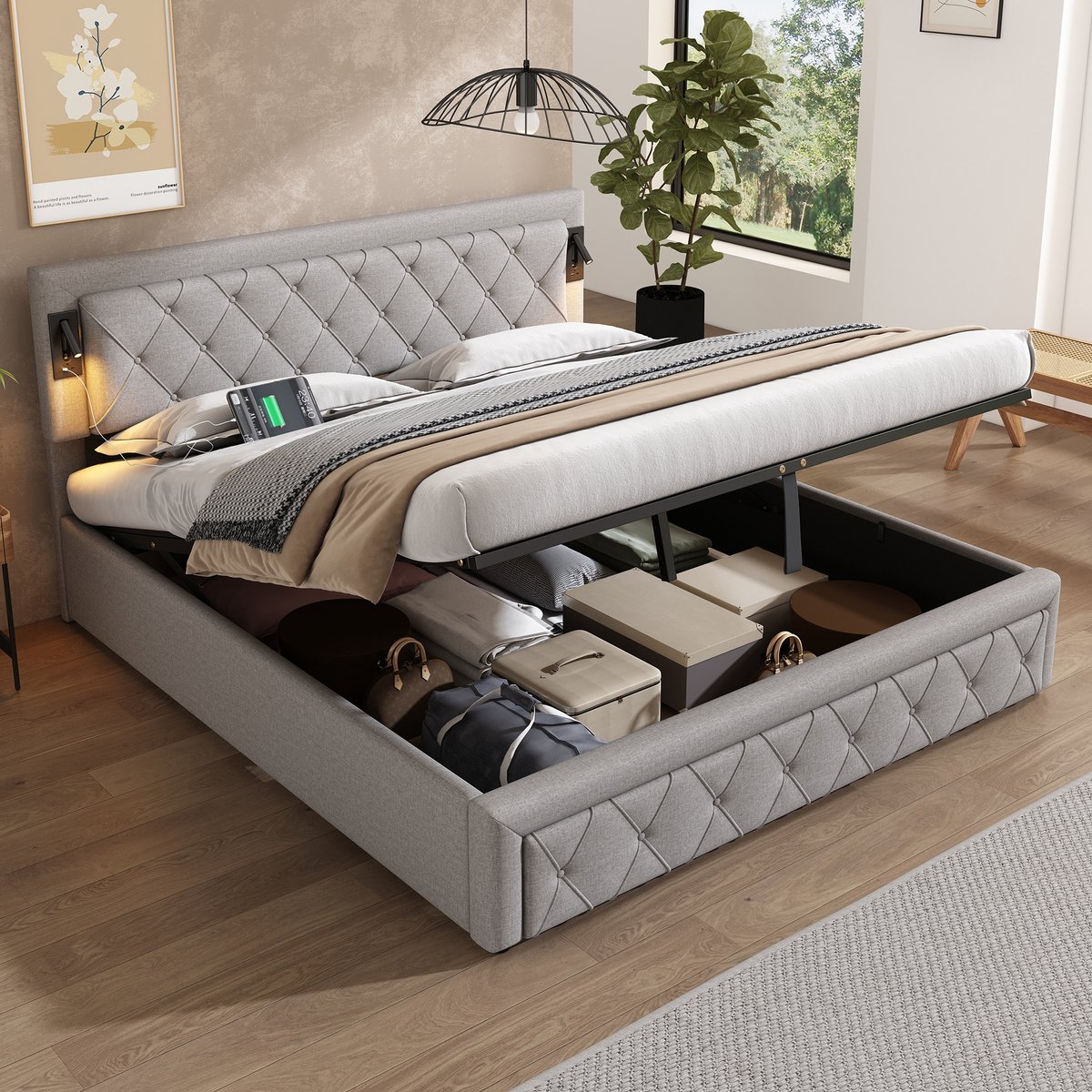 REDOM - Gepolsterd bed - 180 x 200 cm - Met opbergruimte - Hydraulisch opklapbaar - Met downlight en USB - Lattenbodem - Leinen - 203 x 181 x 104,5 cm