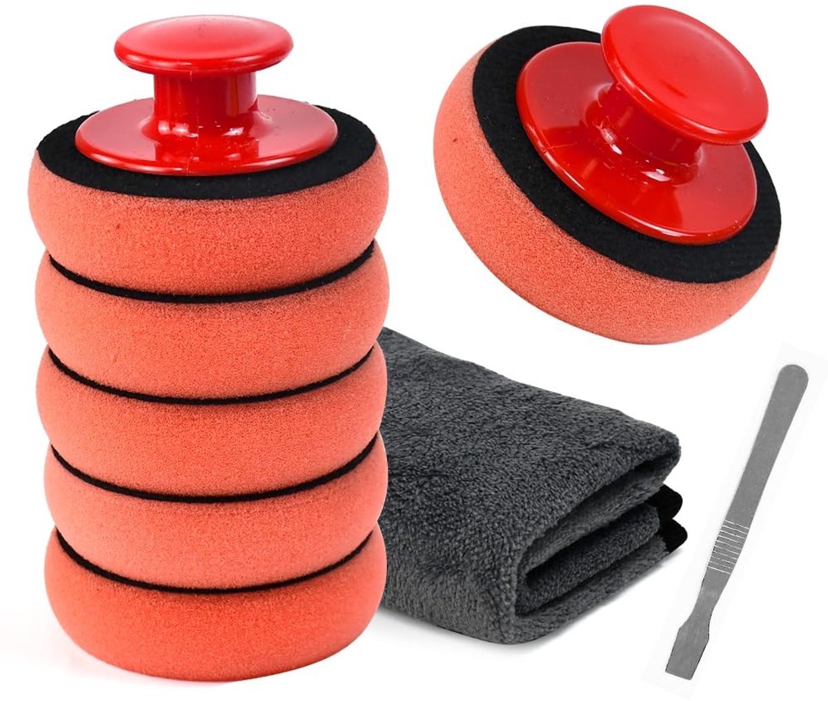 SnelShoppen - Set van 10 Auto Polijst Sponsen 90 mm met Antislip Handgreep, Reinigingsspons voor Auto's, Motorfietsen, Glas, Polijsten en Waxen