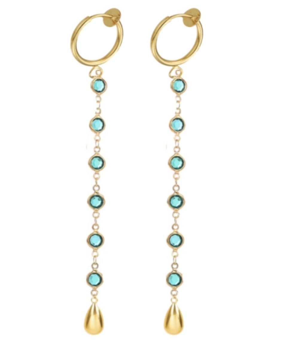 Klem oorbellen Aqua blauw -goudkleurig -Ofelia- geen gaatje- Charme Bijoux