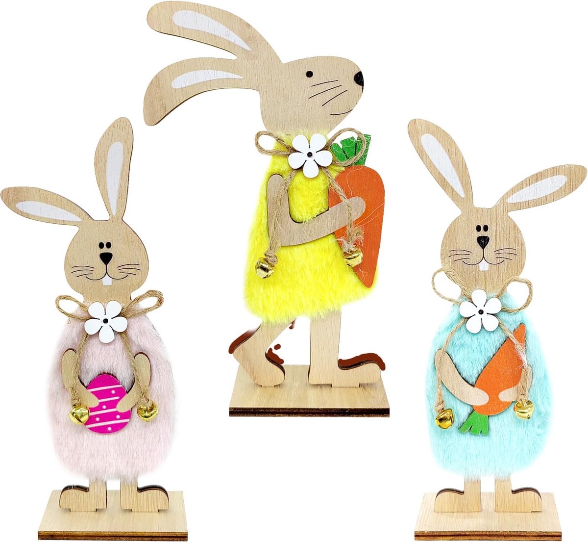Houten Paashaas Decoratieset - 3 Stuks Staande Konijnen - Duurzaam Hout - Perfect voor Tuin en Huis - ShopVlot