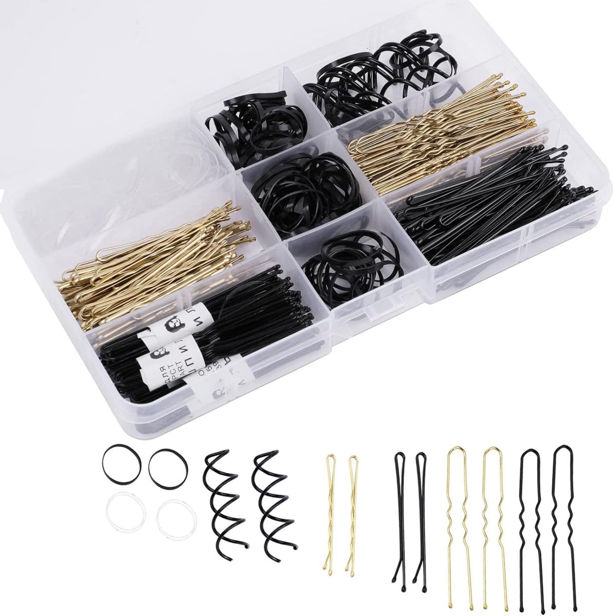 Haaraccessoires set 343 stuks - metalen haarspelden en rubberen banden - zwart en goud - compleet met opbergdoos - ShopVlot