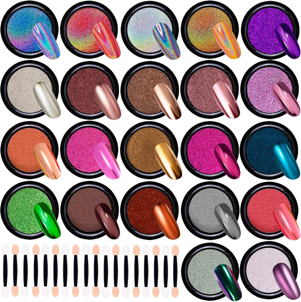 Nail Art Set 22 Kleuren - Chrome Poeder & Holografisch - Inclusief 22 Oogschaduw Potloden - Creëer Prachtige Manicures - ShopVlot