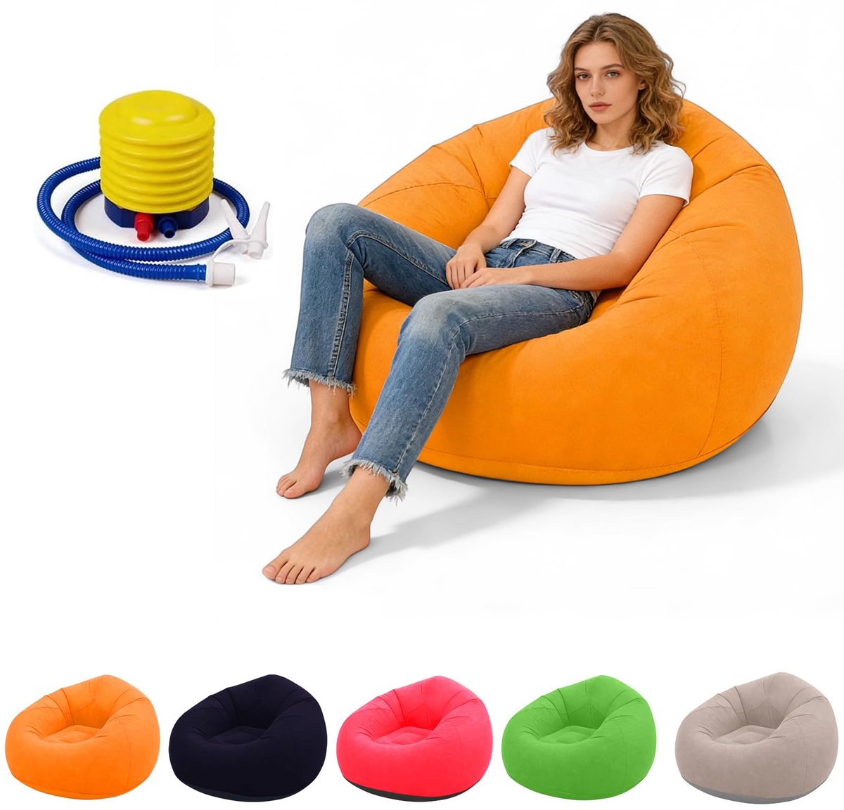 Opblaasbare zitzak - oranje - met voetpomp - comfortabel voor binnen en buiten - ShopVlot