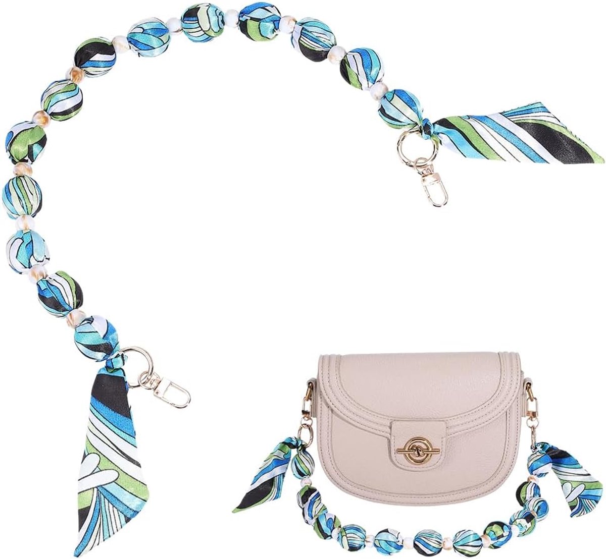 Sjaalketting tasriem - gekleurde stofverlenging - kunststof kralen - unieke decoratie voor handtassen - ShopVlot