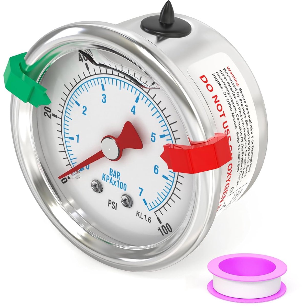 0-7 bar/0-100 psi vloeistofgevulde manometer, 1/8" BSP 1,5" wijzerplaat roestvrij staal gevuld met glycerine - ShopVlot