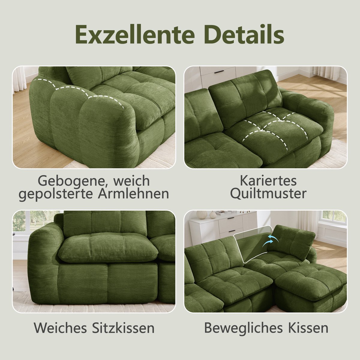OKWISH Zitbank 194 x 160 cm - 2-Zits Modulaire Bank Zonder Montage Met 2 Ottomanen - Breed En Diep Zitcomfort Voor Woonkamer Of Appartement - Chenille - Groen