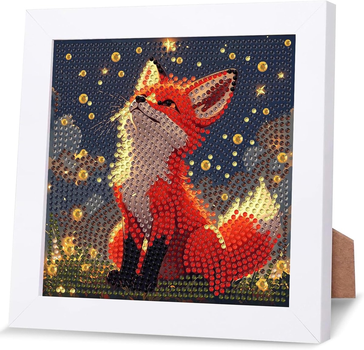 Diamant kunst schilderij - vos onder sterrennacht - met frame - leuk doe-het-zelf voor kinderen - ShopVlot