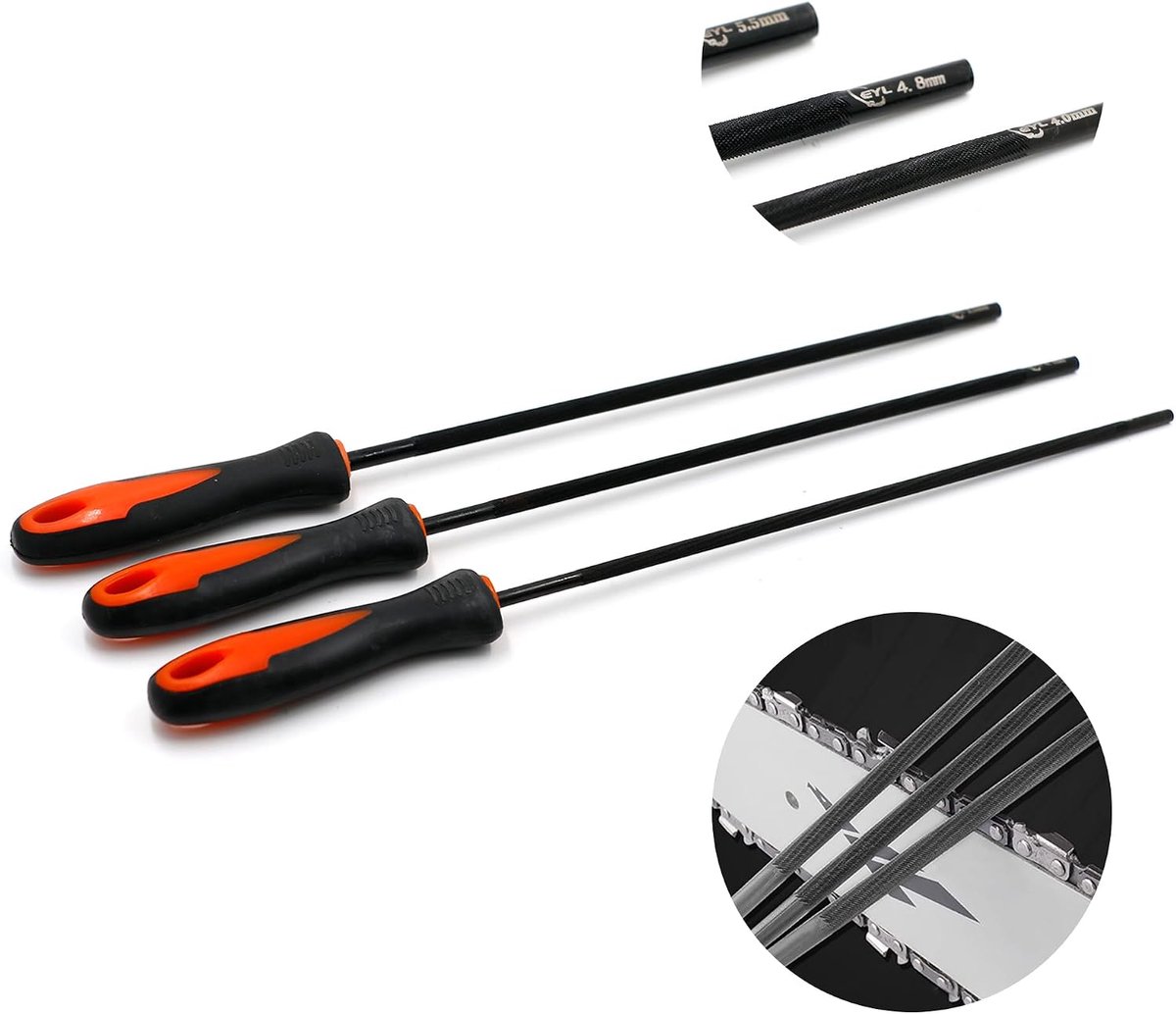 Chainsaw files set 3 pcs - verschillende maten 4mm, 4.8mm, 5.5mm - hoogwaardige staal met handvat - ShopVlot