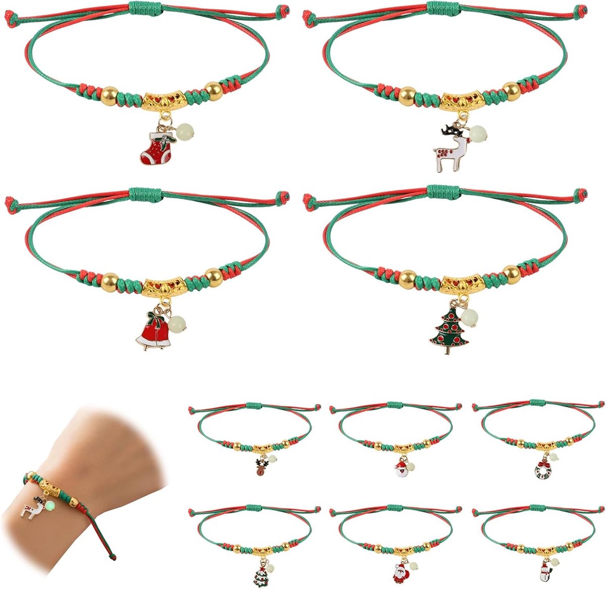 Kerstarmbanden 10-pack - Fosforescerend - Met feestelijke hangers - Perfect voor adventskalender of cadeaus - ShopVlot