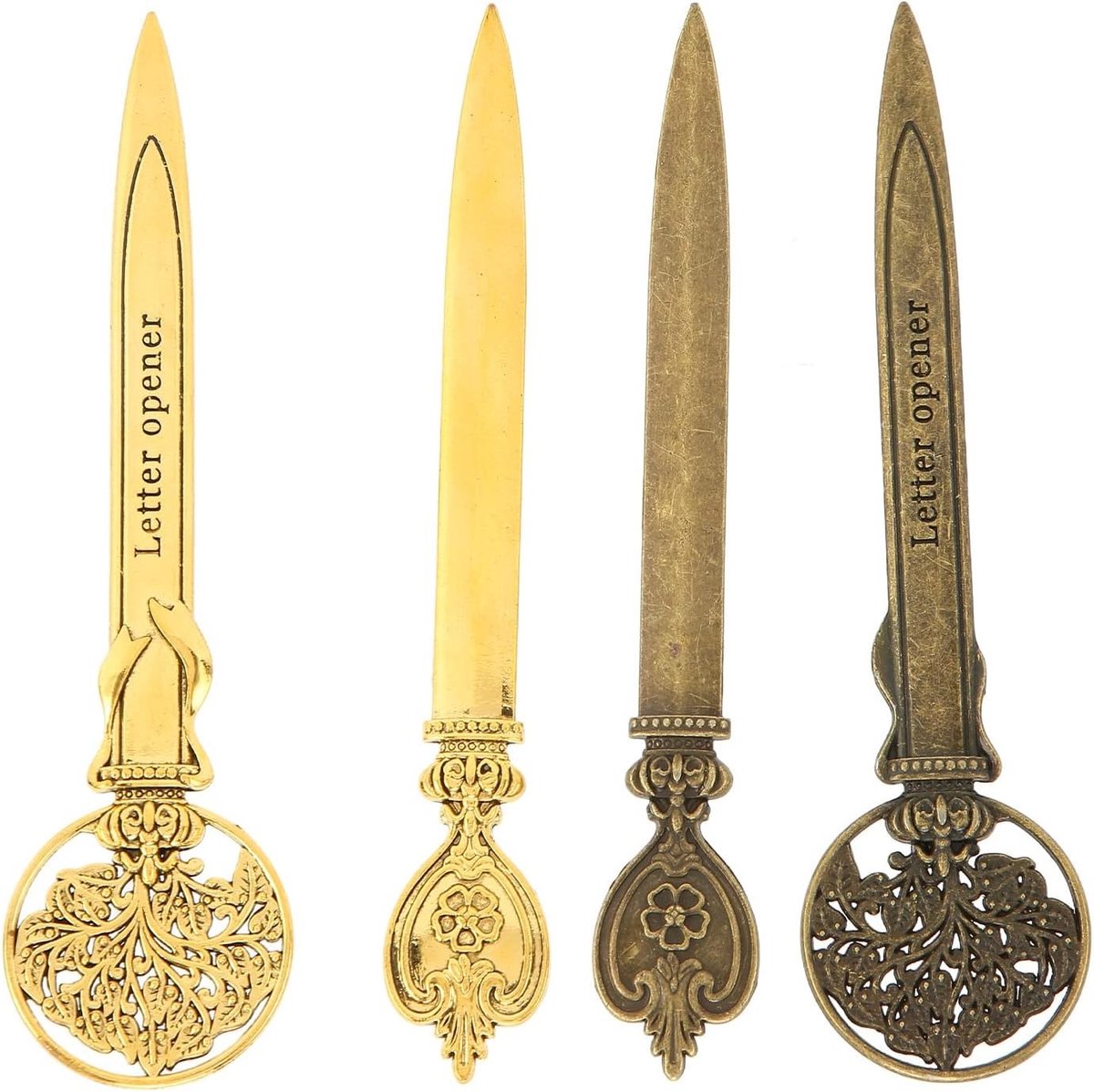 Set van 4 Vintage Metalen Briefopeners met Antieke Ontwerpen van Boom en Hart voor Kantoor en Postverwerking