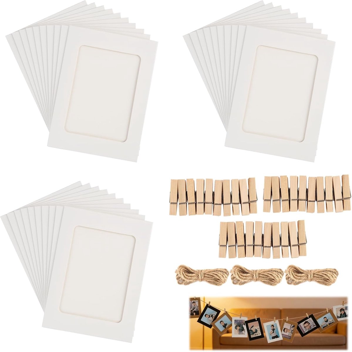 Doe-het-zelf fotolijsten 30 stuks - Papieren lijsten met houten klemmen - Inclusief jute touwen - ShopVlot