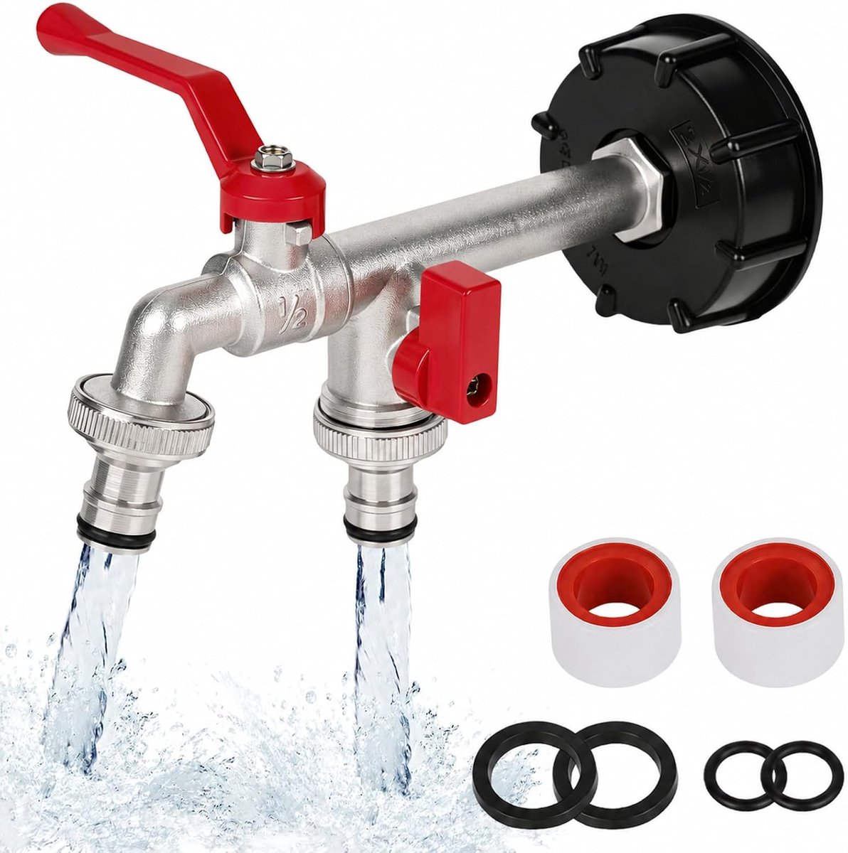IBC uitloopkraan - messing met dubbele uitloop - universele aansluiting 1/2 + 3/4 inch - ideaal voor regenwatertank - ShopVlot