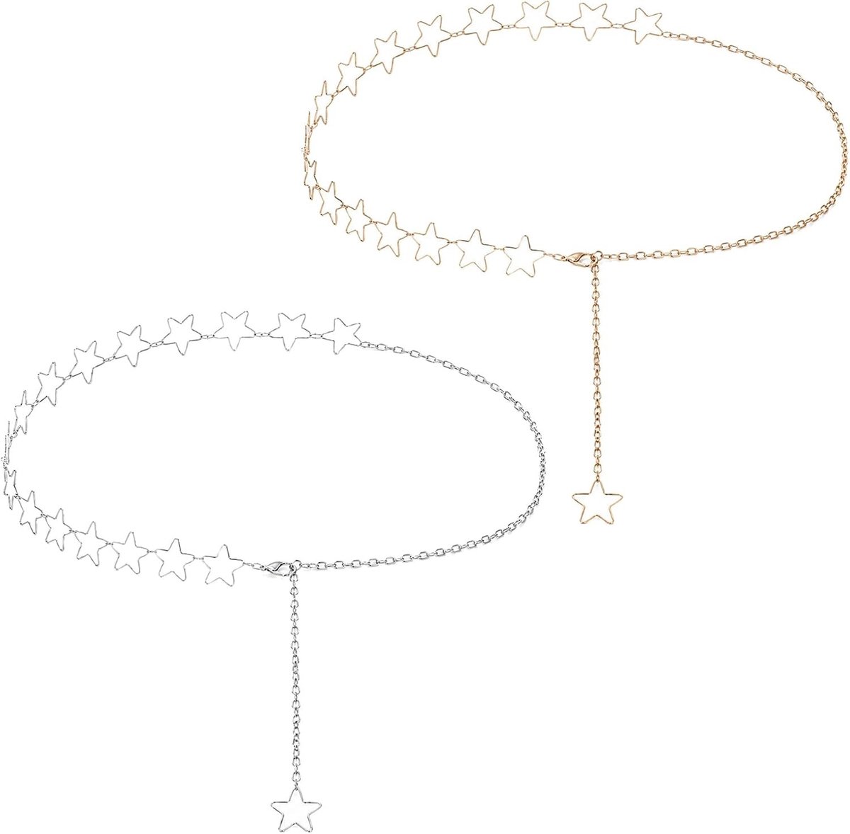 Verstelbare heupketting set van 2, zilver en goud, sterrenmotief, tailleketting voor jurken en casual outfits, trendy accessoires voor elke gelegenheid