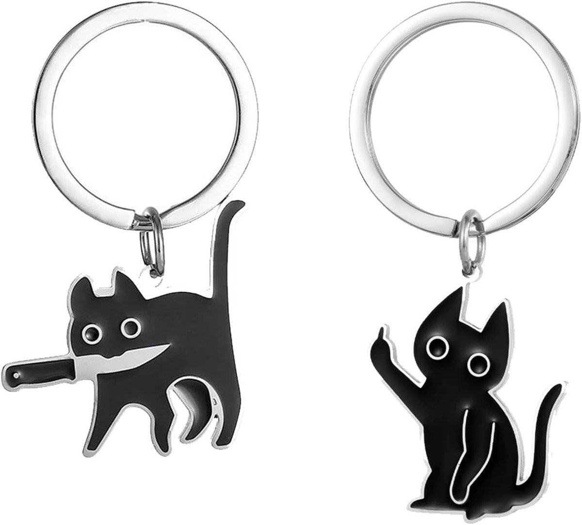 Sleutelhanger zwarte kat - 2 stuks metaal - emaille kat - grappige handtashanger - ShopVlot