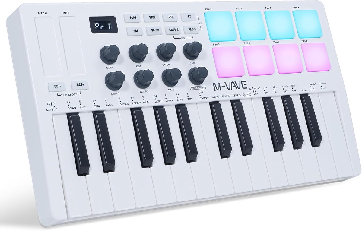 MIDI keyboard 25 toetsen - 8 verlichte drum pads - draadloos met ingebouwde batterij - ideaal voor muziekproductie - ShopVlot