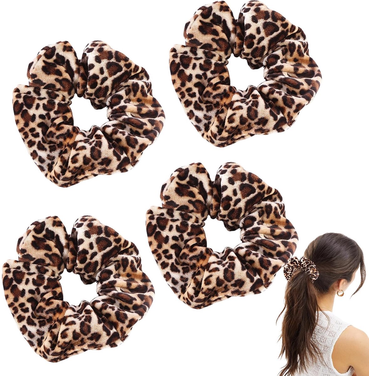 Solidchoice - 4 Stuks Scrunchies Haaraccessoires - Grote Velvet Haarbanden met Luipaardpatroon voor Vrouwen
