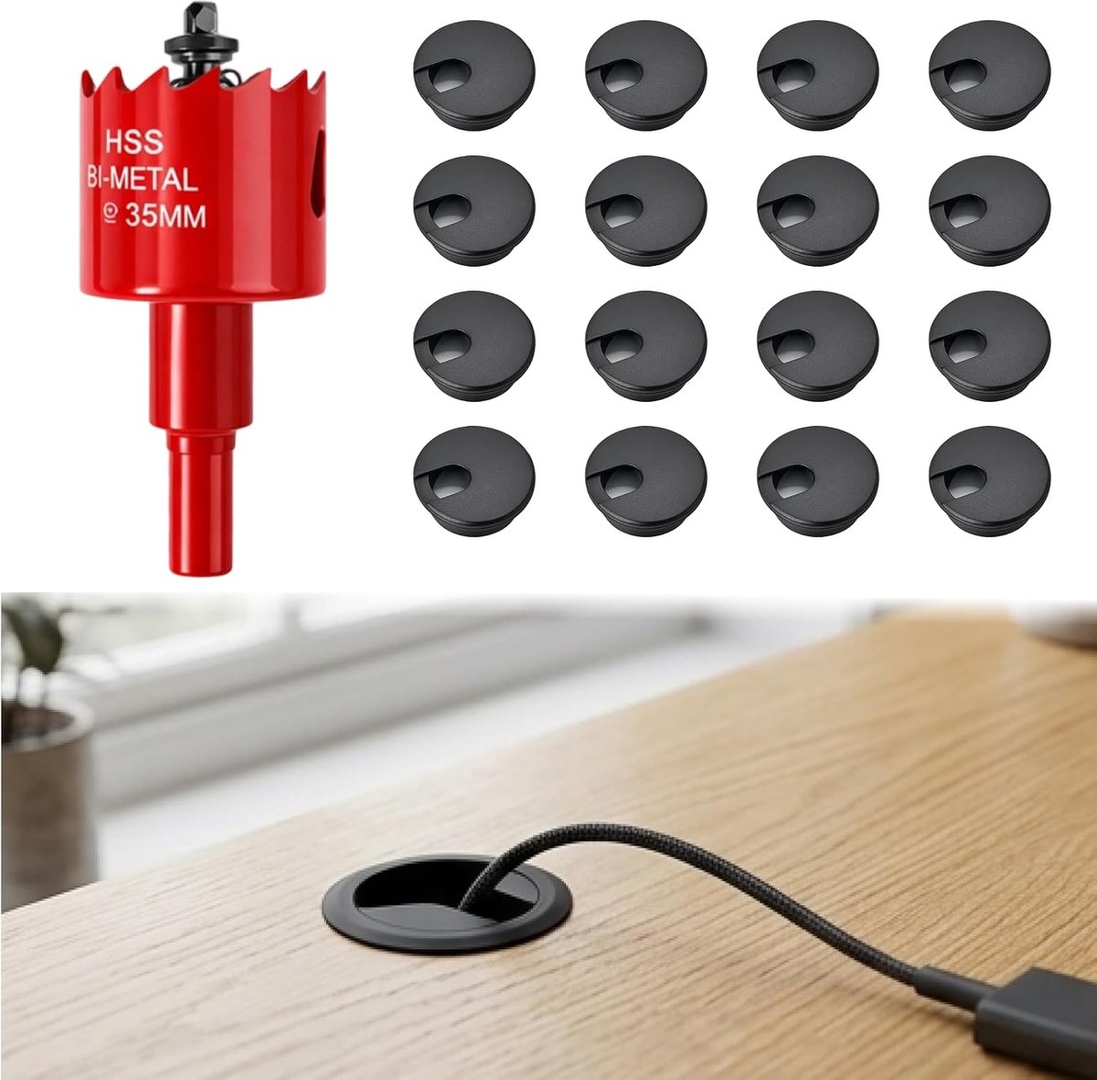Kabeldoorvoer bureau set - 16 stuks - met gatenzaag - voor nette kabelgeleiding - ShopVlot