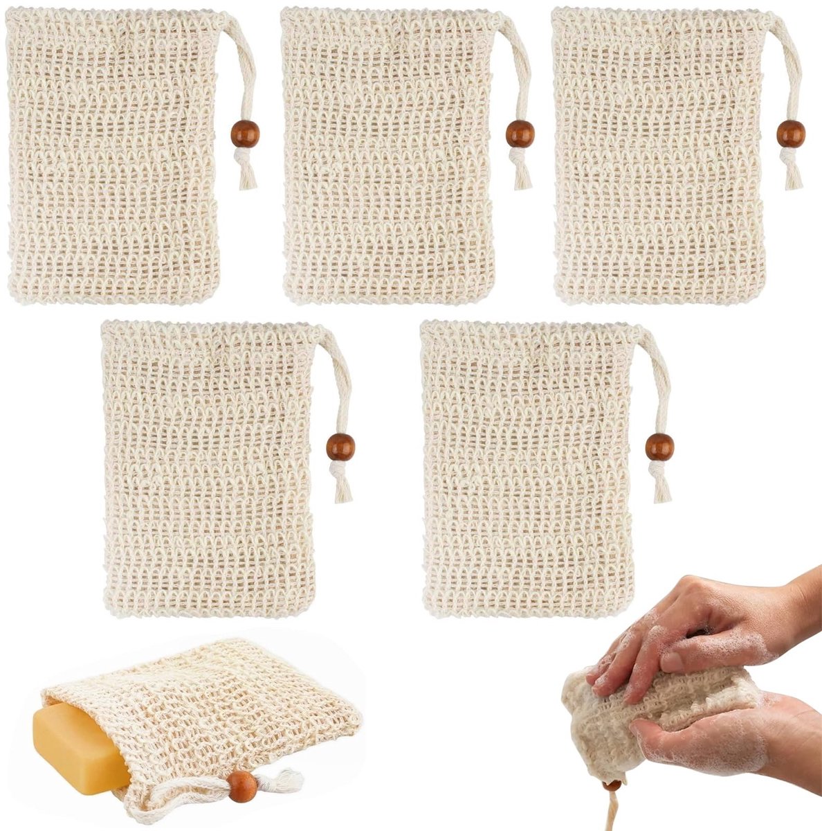 Solidchoice - Set van 5 Natuurlijke Sisalzeepzakjes voor Exfoliatie