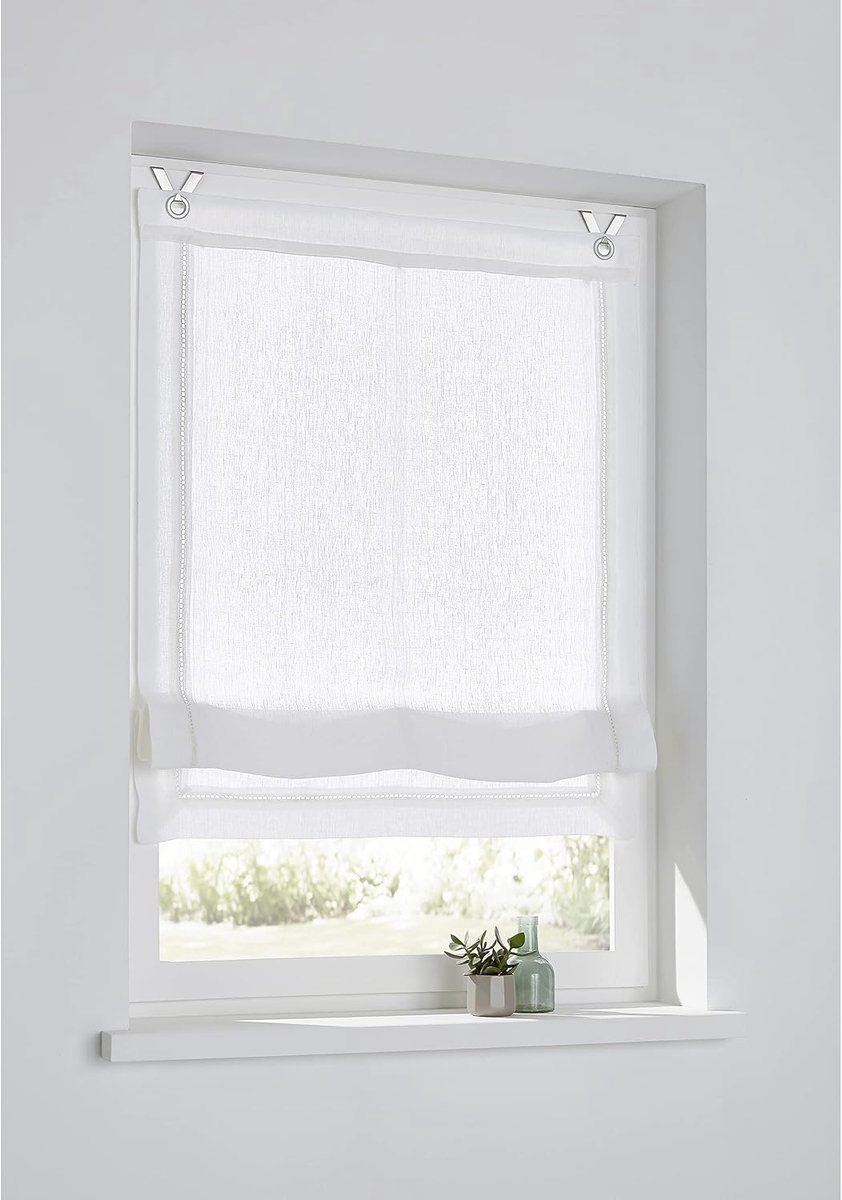 Folding curtain Hedda linen white with hollow hem embroidery Size: Width 45cm x height 140cm - ShopVlot