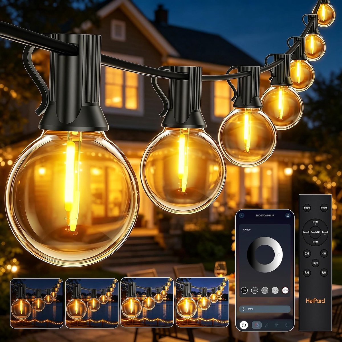 HeiPard Buitenlichtslinger 30 m met app en afstandsbediening, LED-lichtslinger met 42+2 G40-lampen, 2700K warm wit - ShopVlot