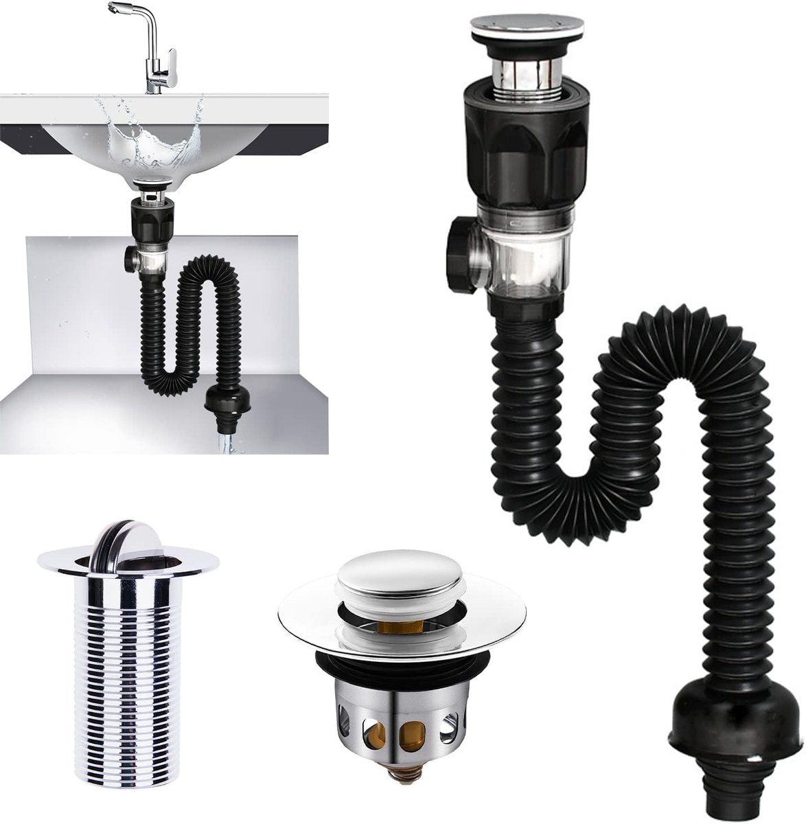 Sink Waste Kit, Two Drain Basin Waste Set with Flexible Waste Pipe and Pop Up Filter Sink Plug, Universal Basin Plugs - ShopVlot