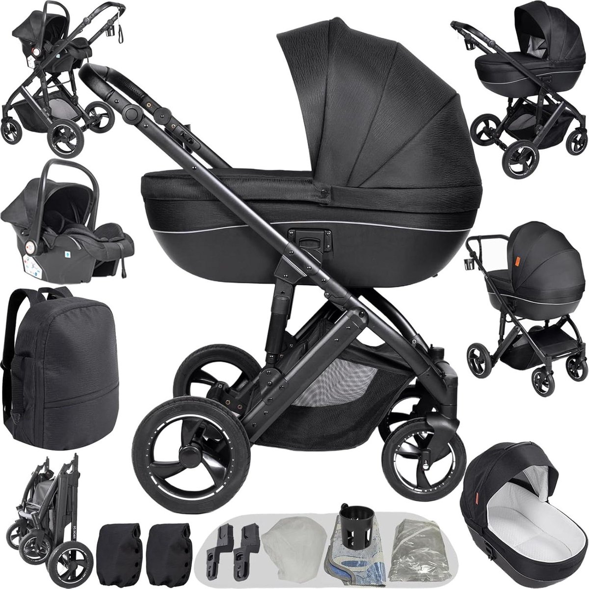 3-in-1 Kinderwagen - Modulaire Wandelwagen - Baby Vervoeren - Dubbele Duwmodus - 61 cm Gevouwen - Zwart