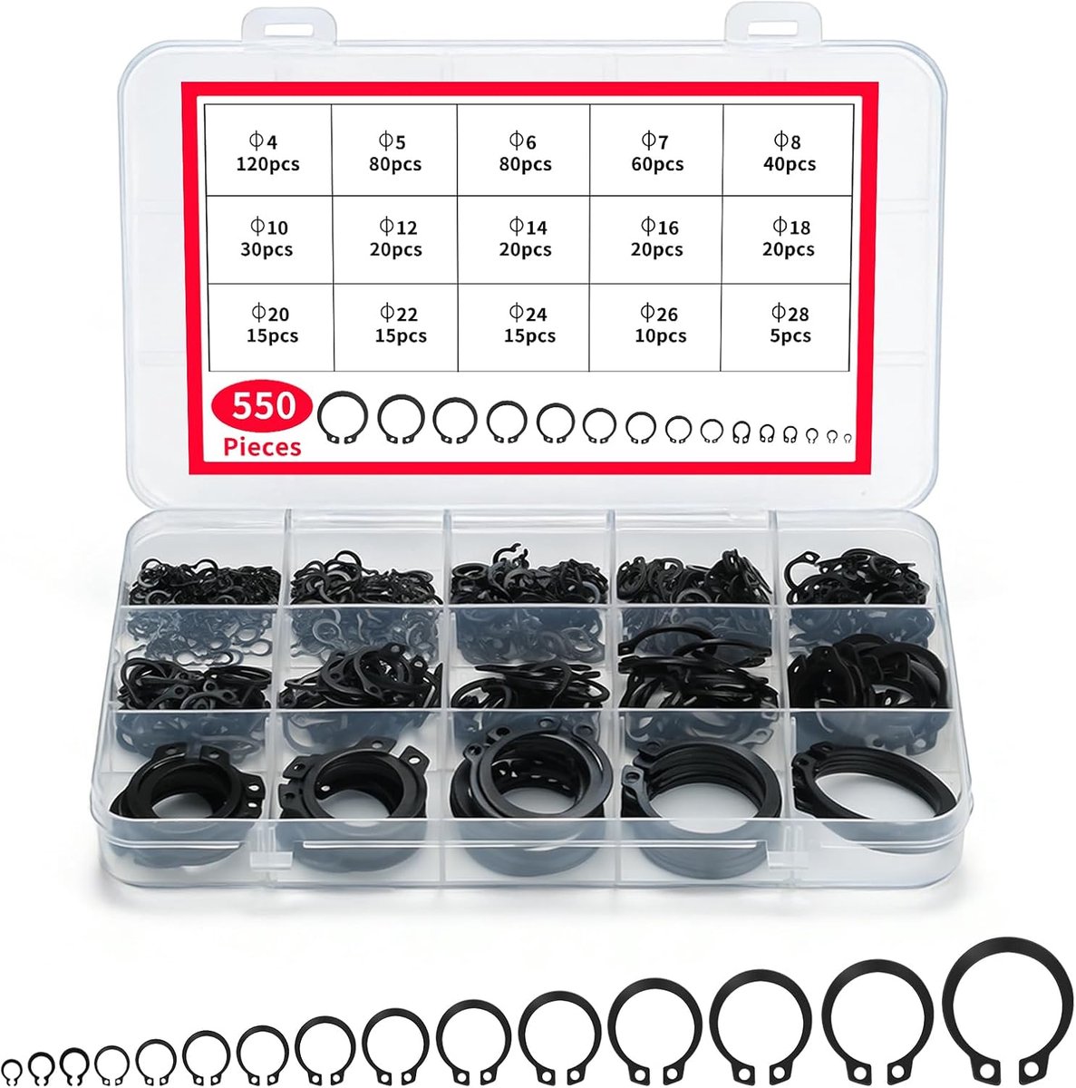 550 pieces retaining rings set internal E clips and external C clips assortment split rings and washers M4 to M28 for - ShopVlot