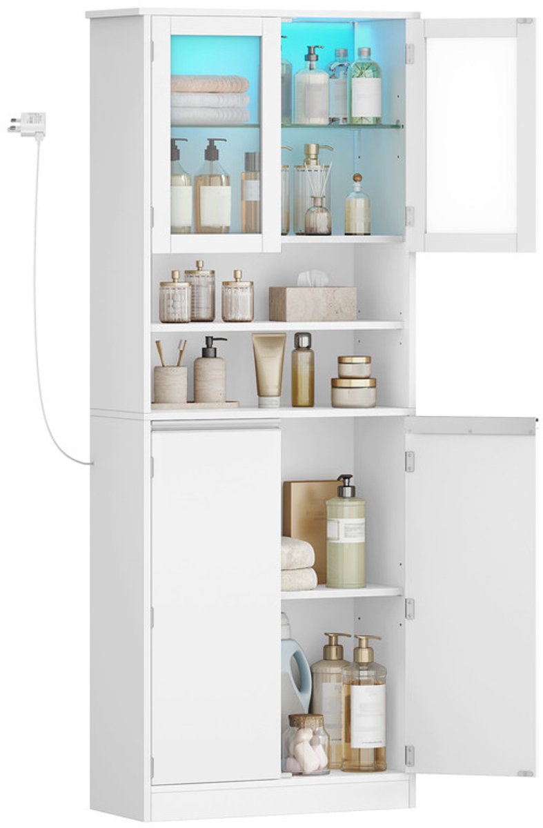 Hzuaneri Badkamerkast met ledverlichting, 4 deuren en 2 open vakken, 28 x 60 x 170 cm,Badkamerkast, ruimtebesparend, verstelbare planken, modern, voor woonkamer en kamer, wit