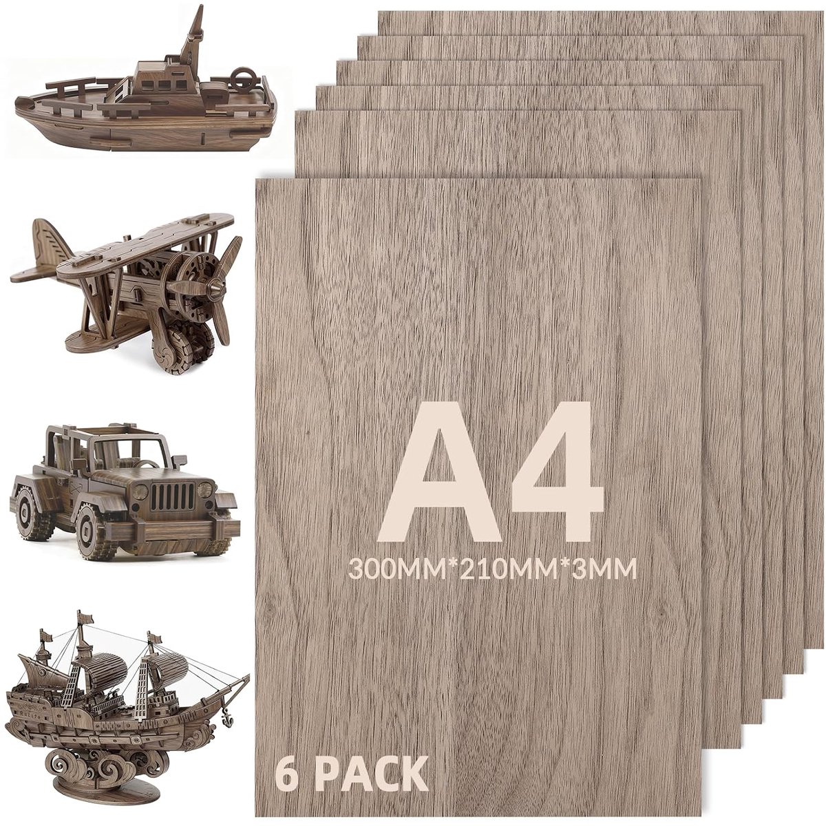 Pack of 6 plywood boards, 3 mm, A4, 300 x 210 mm, walnut boards, wooden panels for crafting, high-quality plywood - ShopVlot