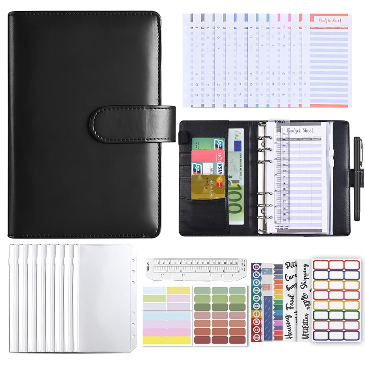 Budgetbinder A6 - Geldmap planner - Financieel Beheer - Duurzaam Kunstleer - 19x13.5x3.5 cm - Zwart